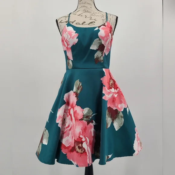 David's Bridal City Triangles Teal and Pink Lace Back Floral Mini Dress - Picture 3 of 14